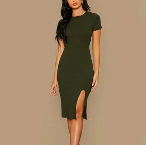 Olive Green Pencil Rib Knit Midi Dress with Slit Size S(4)